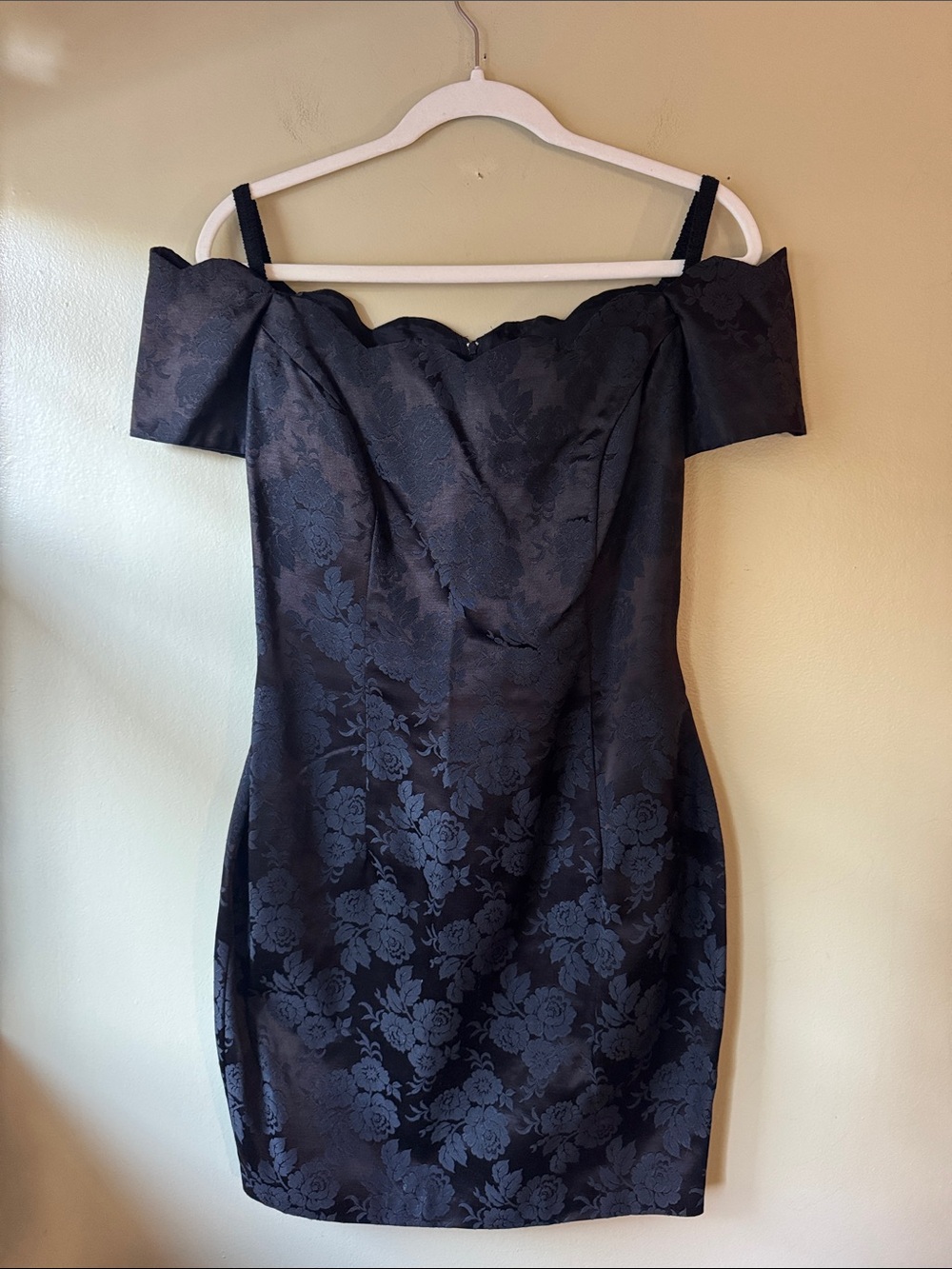 Vintage Black Floral Jacquard Off-Shoulder Mini Dress